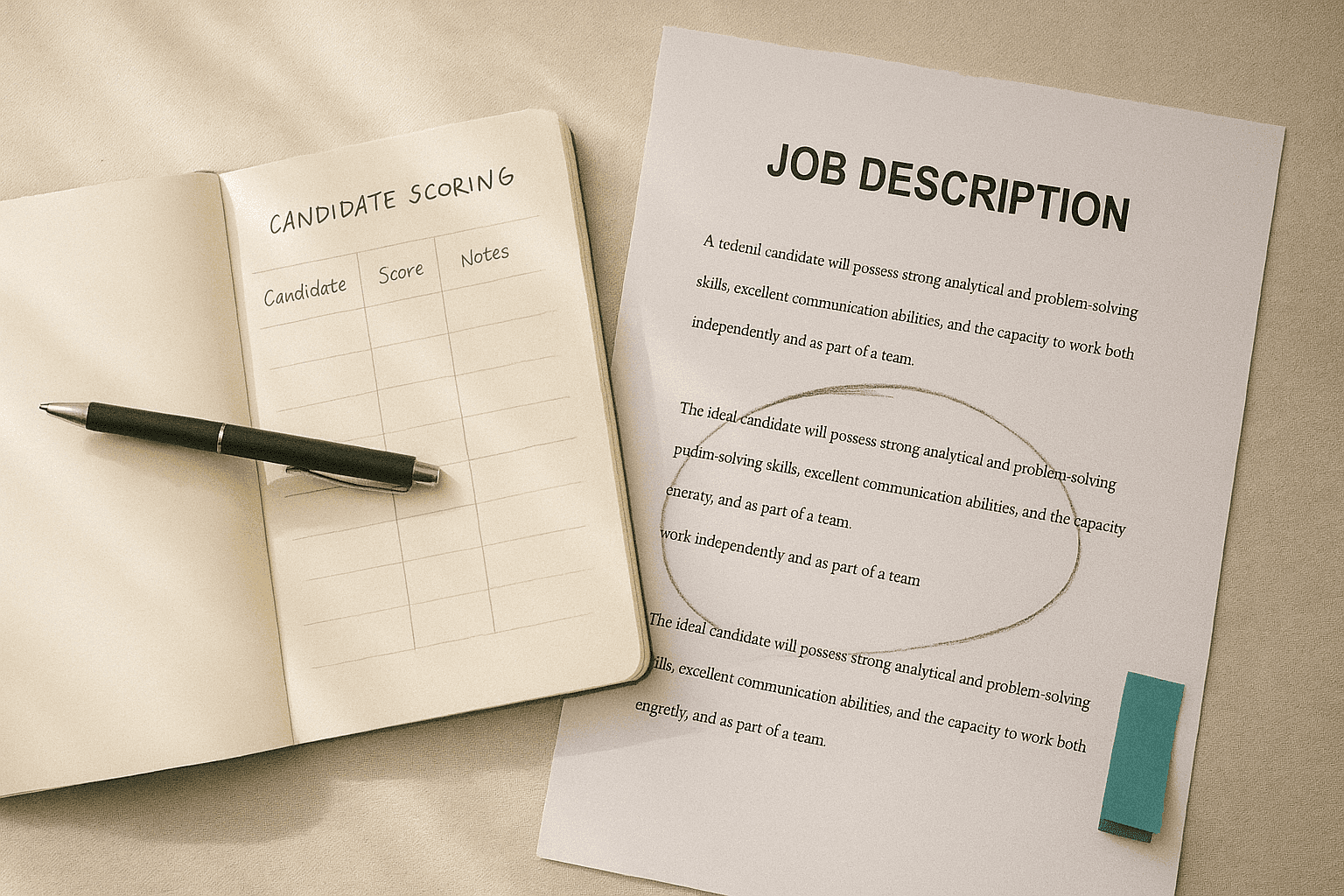 Open notebook with handwritten candidate scoring columns lying beside a printed job description, one paragraph circled in pencil, warm morning light on cream paper