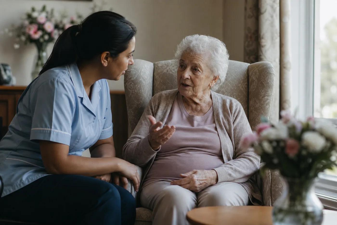 A care worker sitting with a resident in a care home lounge, listening while the resident talks