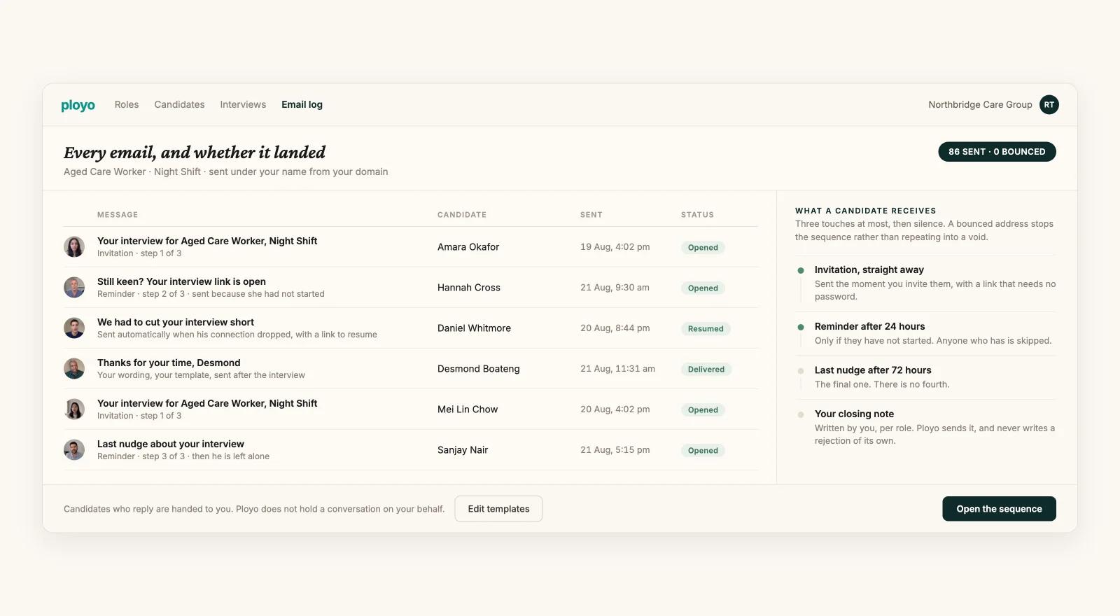 Email log showing invitations, reminders and delivery status