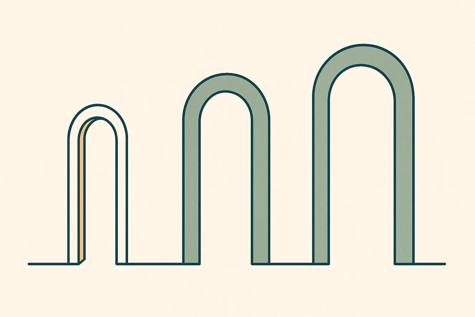 Three doorways of different widths and heights, all standing on one unbroken floor line