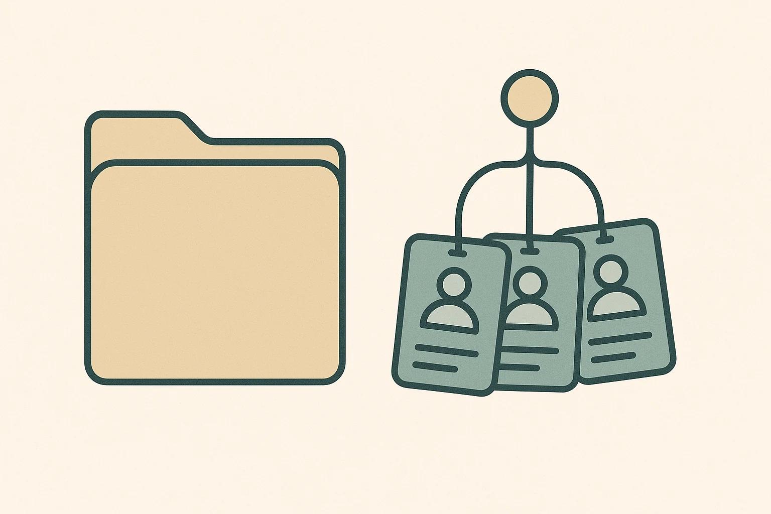 A closed folder on one side; on the other, three ID cards each linked by a line to a single source above them