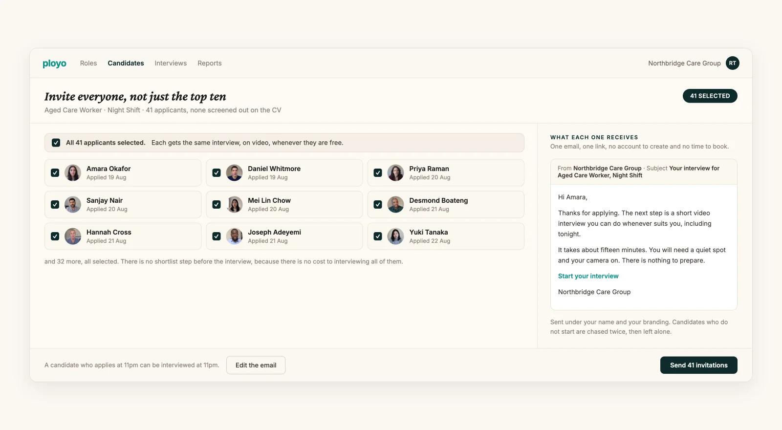 Bulk invite screen with all applicants selected and the candidate email previewed