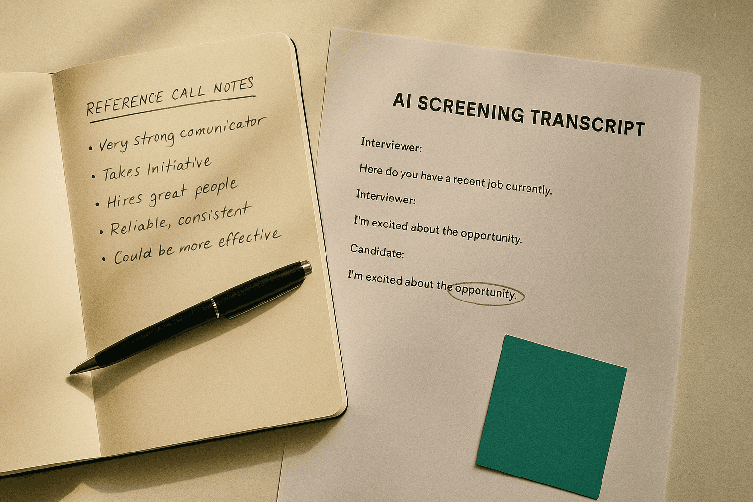 Open notebook with handwritten reference notes beside a printed AI screening transcript, one phrase circled in pencil, warm morning light on cream paper