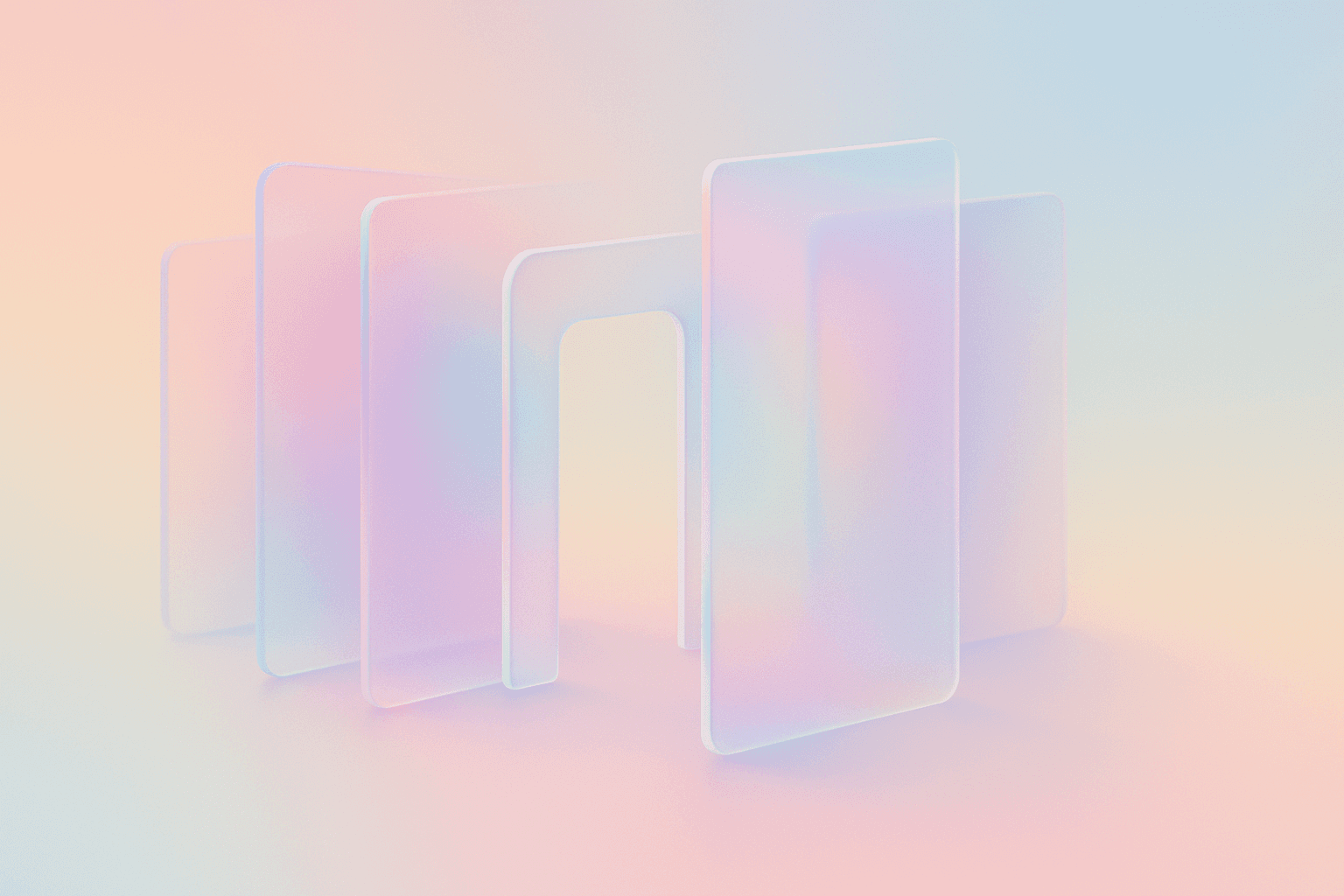Frosted translucent glass panes in layers, middle panel empty and open like a gap, floating geometric forms in iridescent pastel suggesting stages of a journey with a clear break in the middle