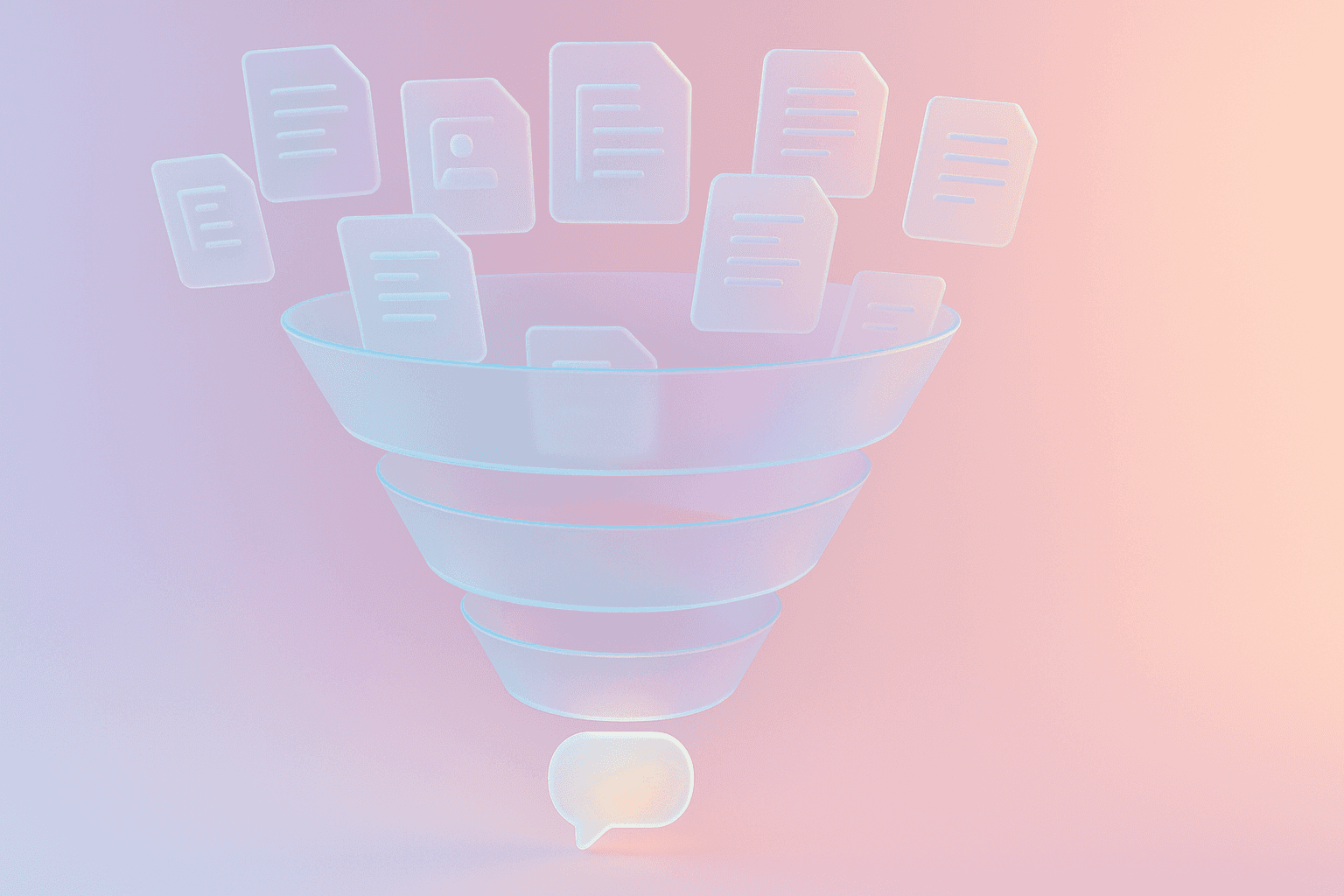 Frosted glass funnel narrowing from floating document panes to a glowing conversation bubble, representing the shift from resume filtering to real candidate interaction