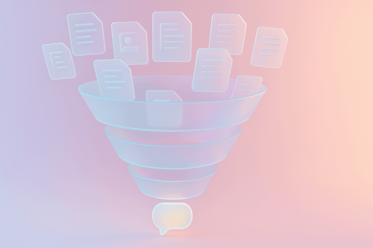 Frosted glass funnel narrowing from floating document panes to a glowing conversation bubble, representing the shift from resume filtering to real candidate interaction