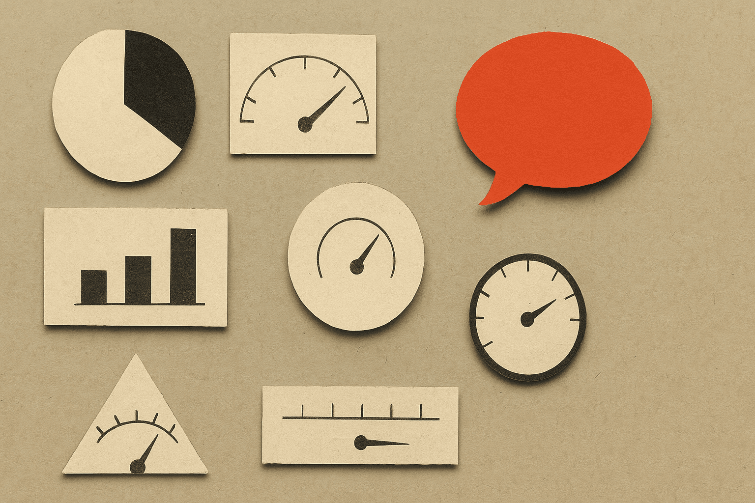 Cut-paper collage of geometric score shapes and gauges at mismatched scales, with one saturated speech bubble sitting apart from the measuring instruments