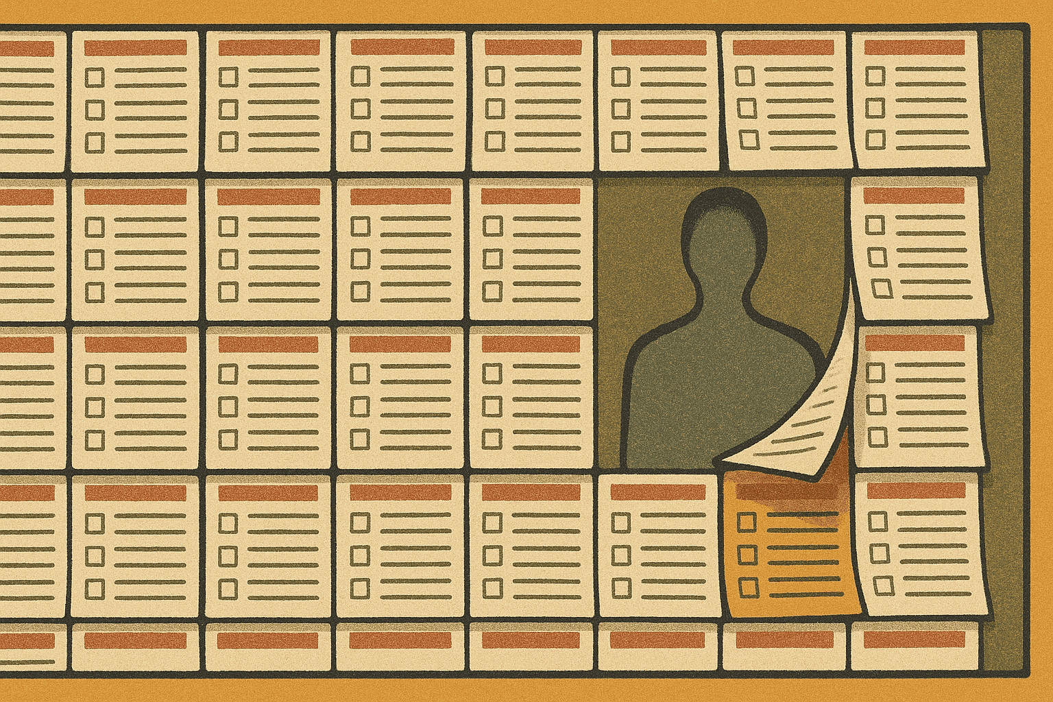 1970s editorial illustration of a notice board covered in identical classified ad slips stamped with tick-boxes, one corner peeling back to reveal an empty person-shaped void beneath