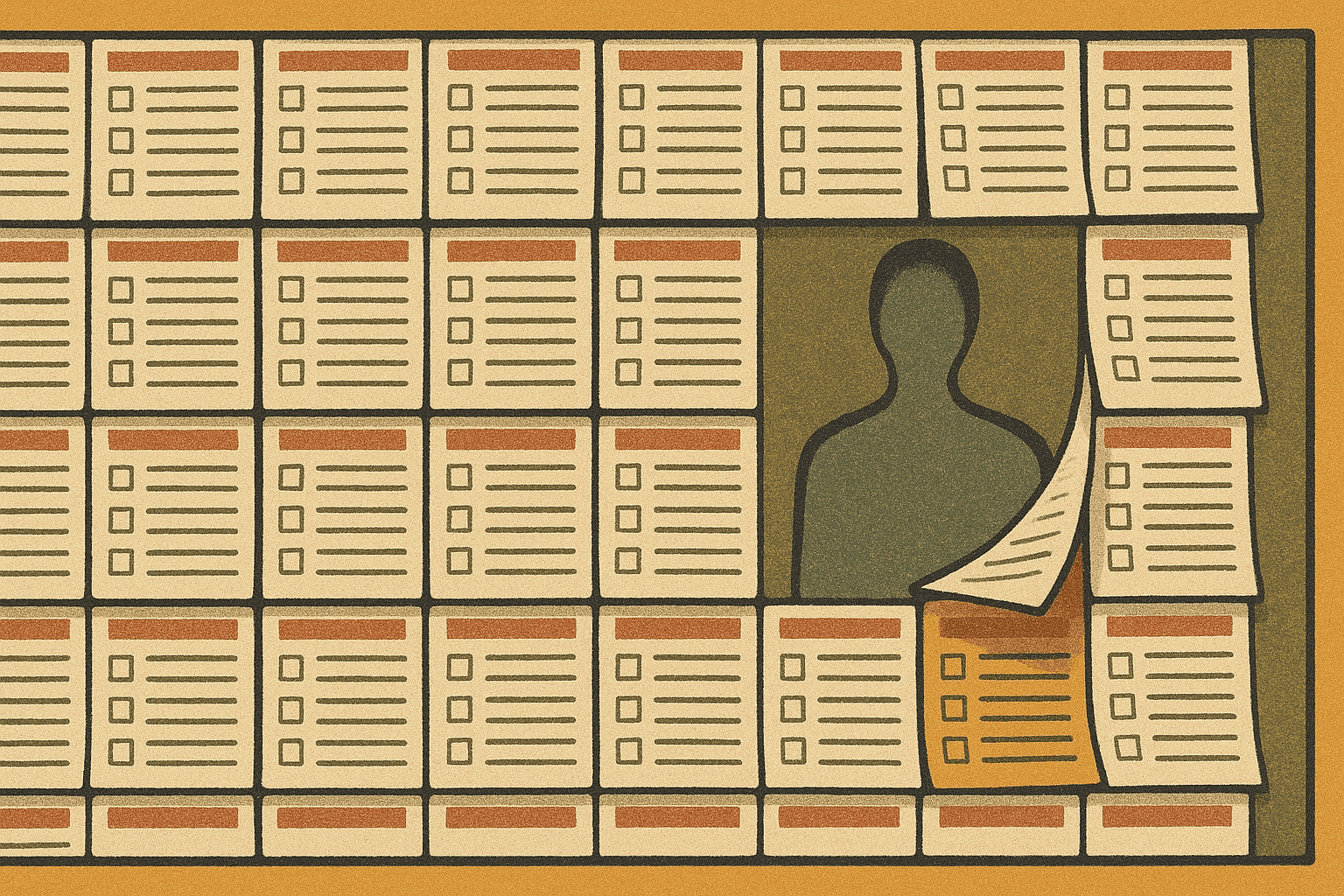 1970s editorial illustration of a notice board covered in identical classified ad slips stamped with tick-boxes, one corner peeling back to reveal an empty person-shaped void beneath