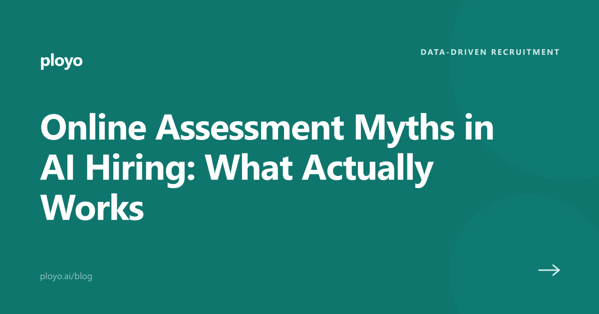 Illustration for the Ployo article debunking online assessment myths in AI hiring
