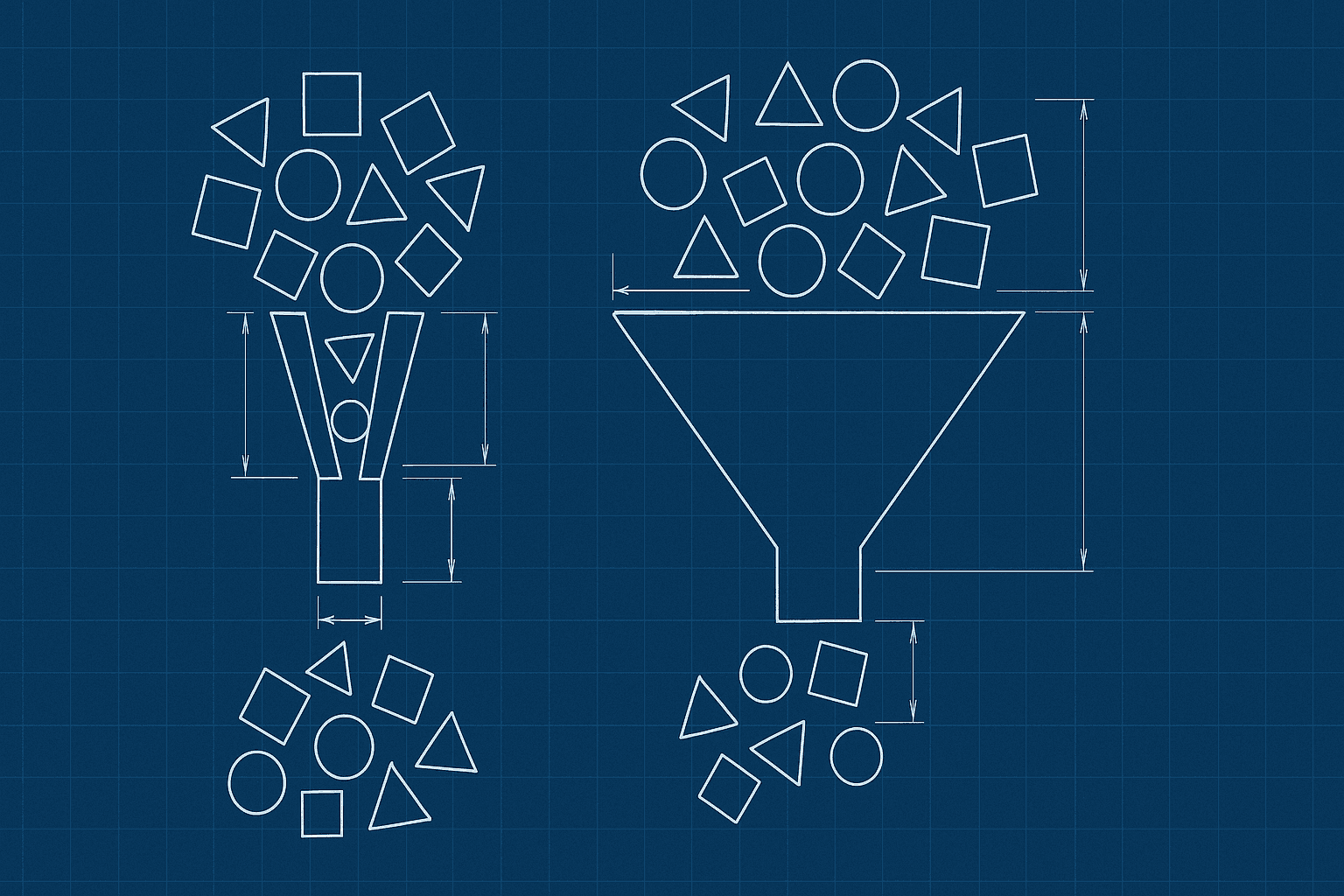 Blueprint diagram of a candidate funnel with a narrow experience filter gate beside a wider capability gate, geometric shapes passing through both, rendered in fine white and cyan line-work on deep blueprint-blue