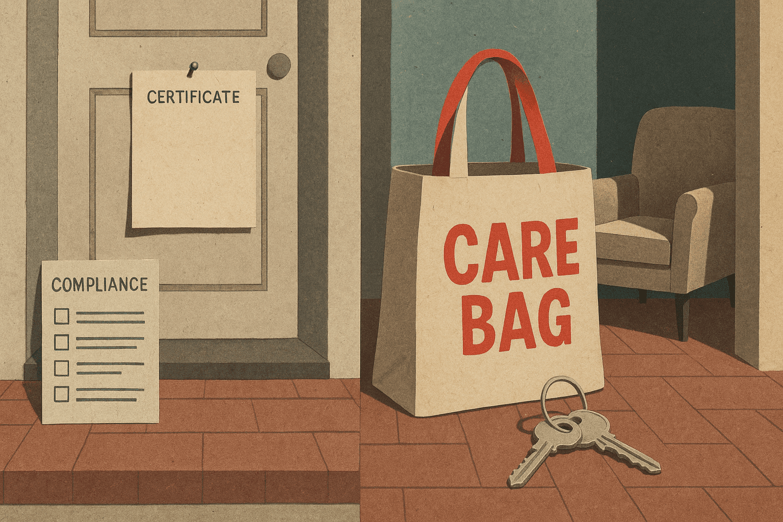 A cut-paper collage split between small neat compliance forms and a certificate on one side and a larger care bag, house keys, and an empty waiting armchair on the other, the two halves mismatched in scale