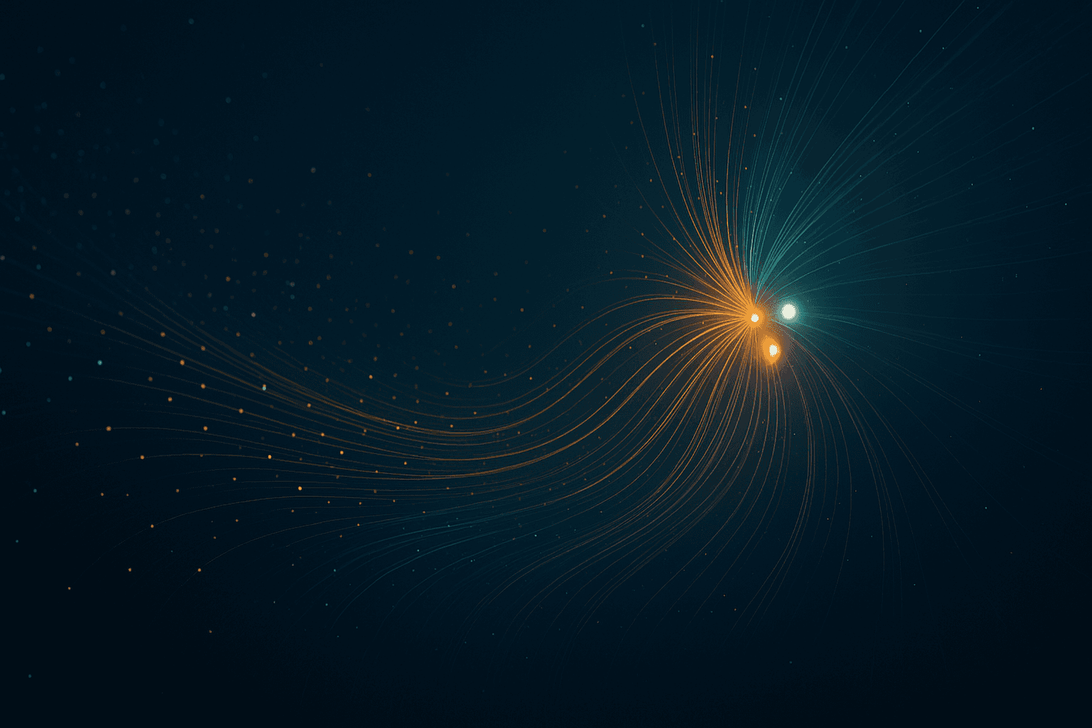 Abstract data visualisation showing many small nodes converging into a focused cluster of four bright points, rendered in deep navy with luminous teal and amber flow lines on a vast atmospheric ground