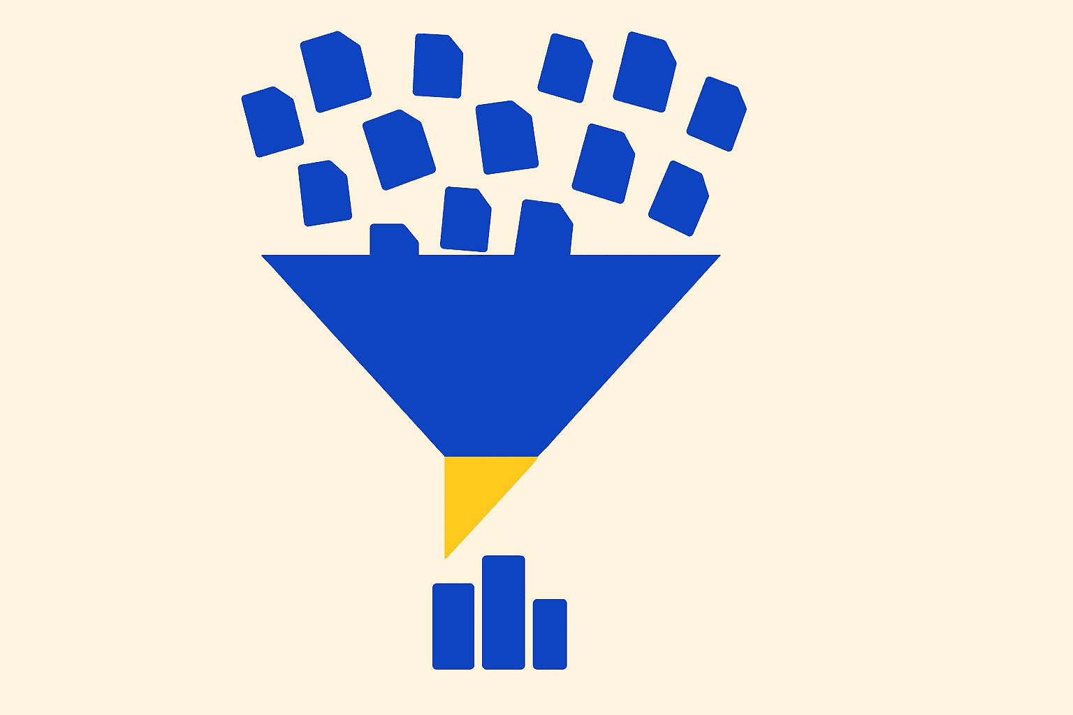 Wide funnel shape with many small document icons entering the top, a bright yellow geometric filter element in the middle, and a compact cluster of highlighted rectangles at the narrow bottom, flat vector illustration
