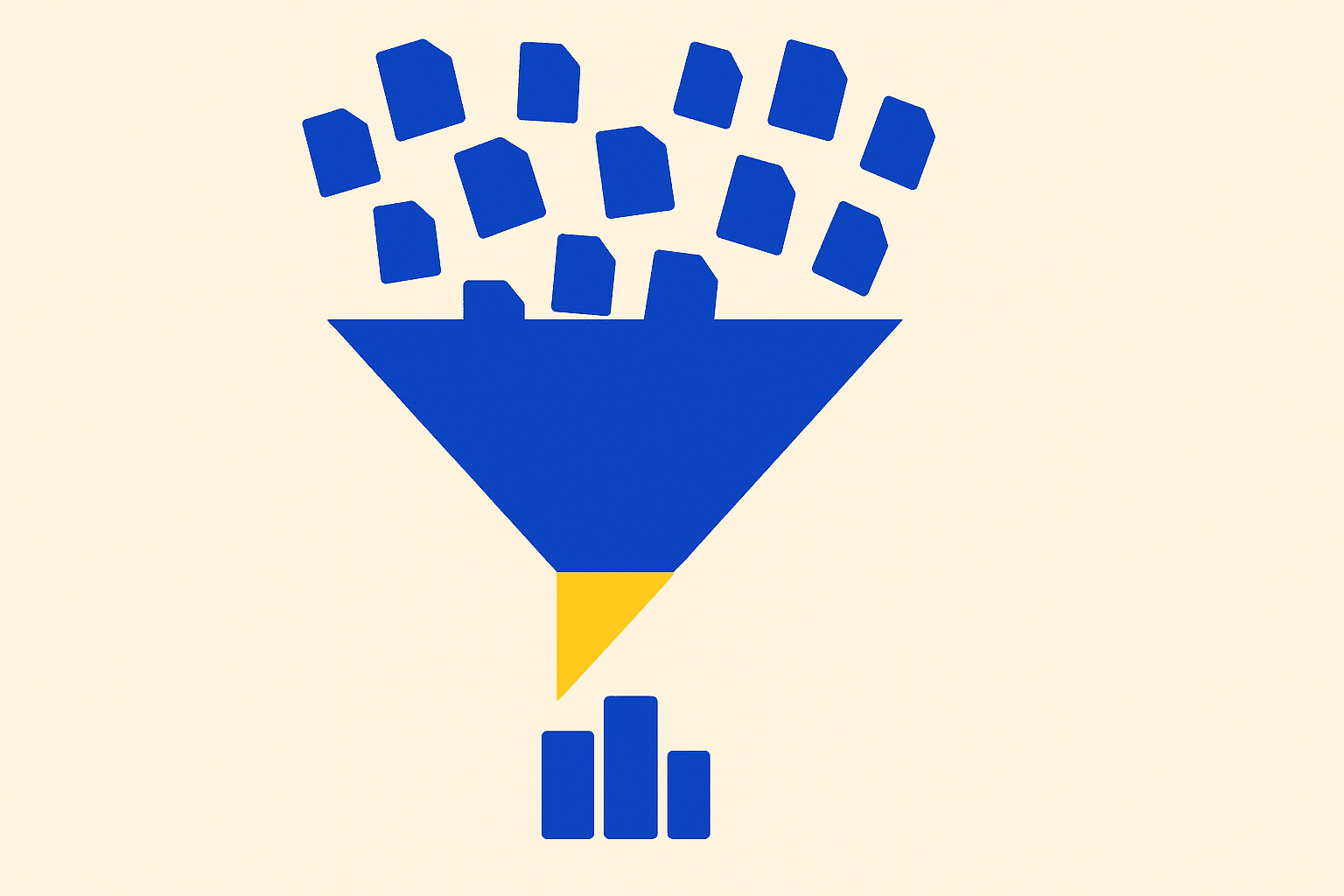 Wide funnel shape with many small document icons entering the top, a bright yellow geometric filter element in the middle, and a compact cluster of highlighted rectangles at the narrow bottom, flat vector illustration