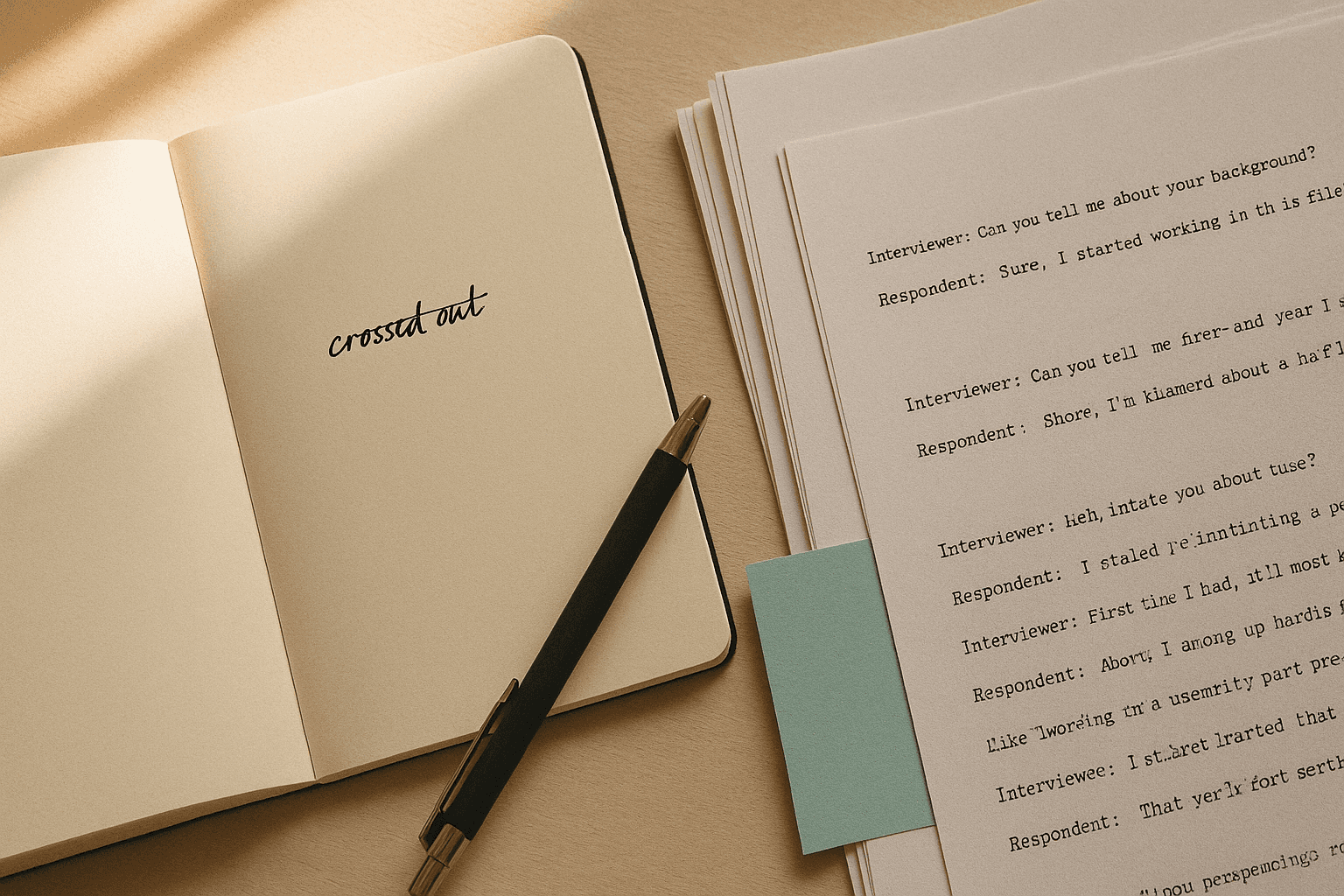 Open notebook with a single line crossed out in ink beside stacked printed transcript pages and a teal sticky note, warm morning light on cream paper