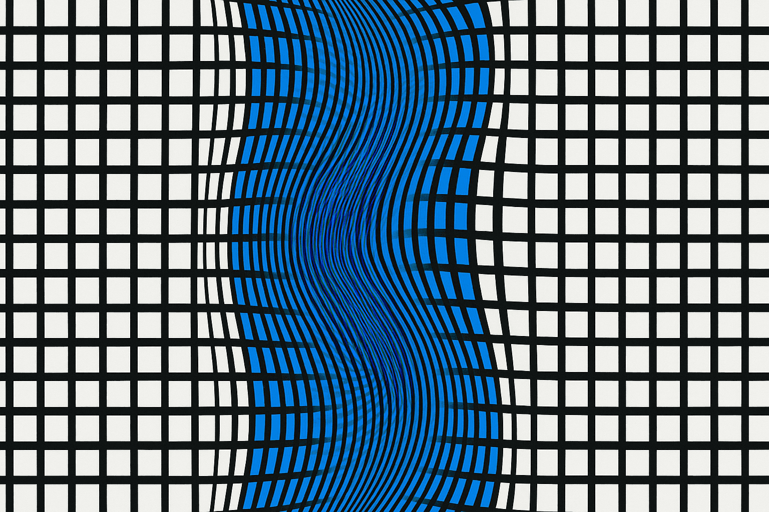 Two overlapping high-contrast grid patterns forming a moire interference band, black and white with one electric blue accent.