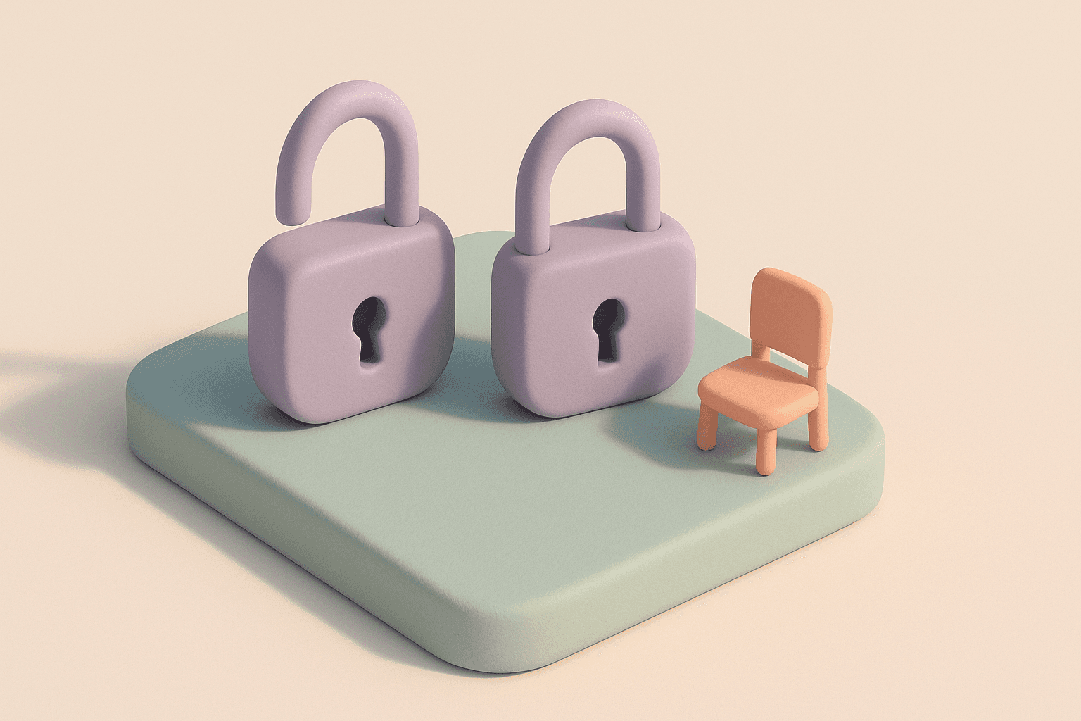Isometric clay miniature diorama with two small rounded padlocks on a mint platform, one open and one closed, a tiny empty pastel peach chair beside them on a pale grey surface, soft ambient occlusion shadows