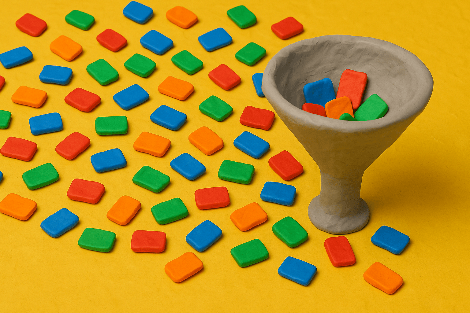 Chunky clay figures of candidate cards tumbling into a funnel shape, some landing inside and many bouncing off, set on a bright tabletop