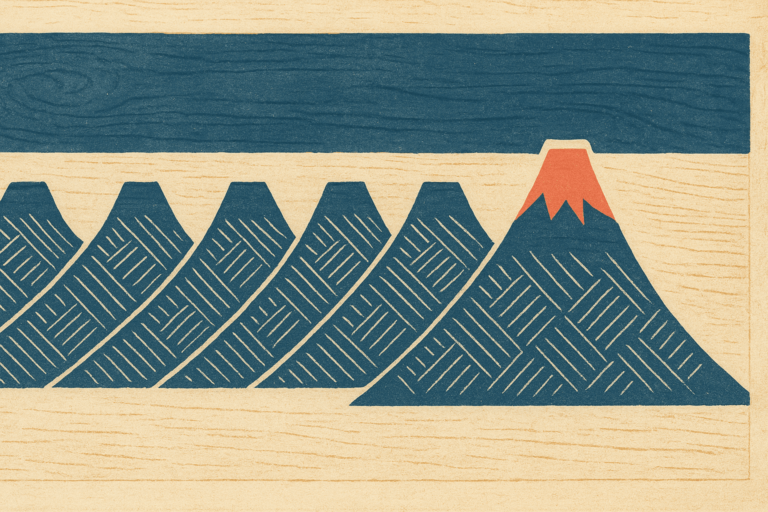 Japanese woodblock composition in indigo and sand: a single distinct carved form standing slightly apart from a tight row of near-identical forms, the lone element catching a coral accent where it separates from the line