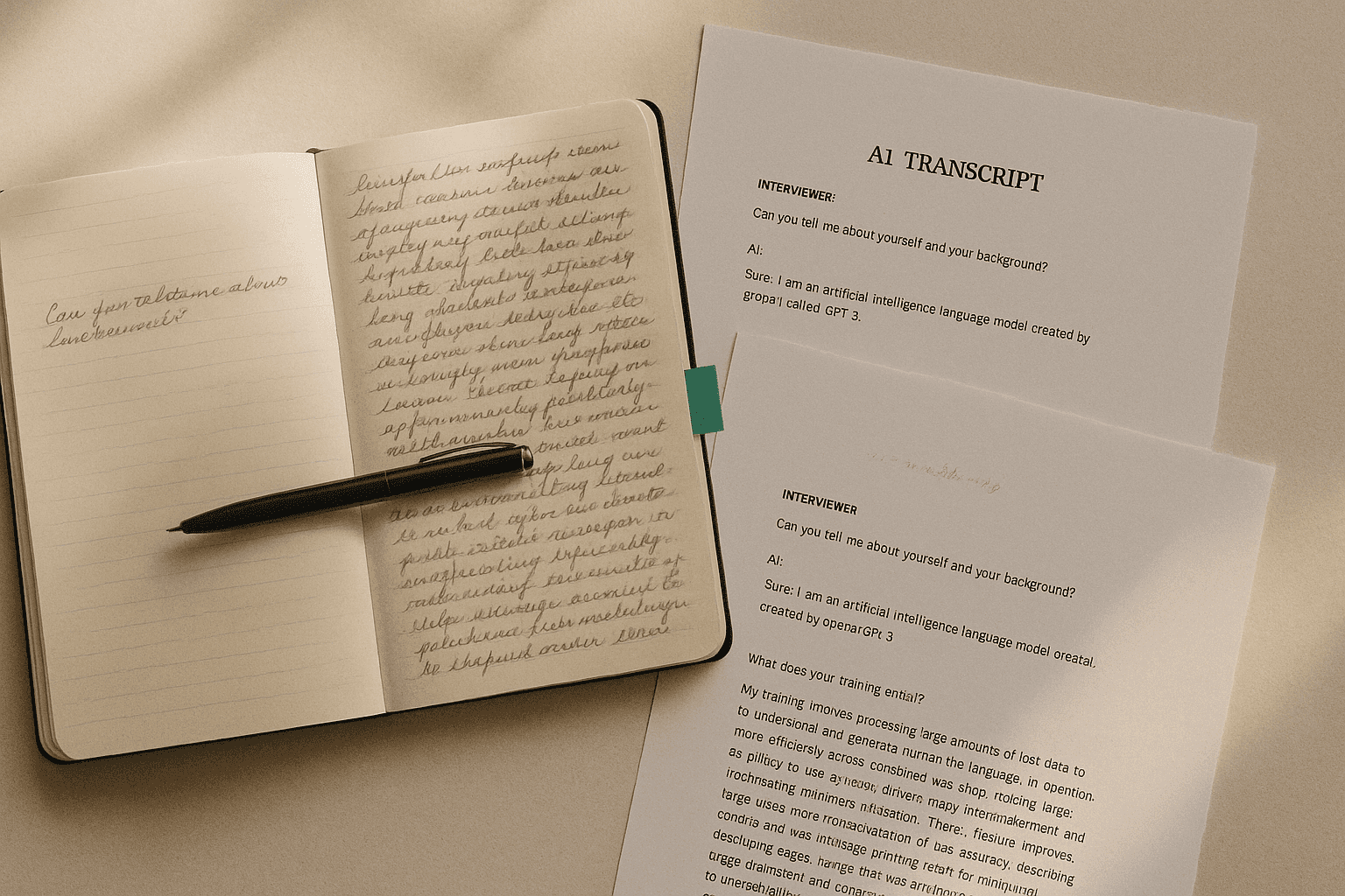 Open notebook with brief notes on the left page and a longer denser paragraph on the right, beside printed AI screening transcript pages, warm morning light on cream paper