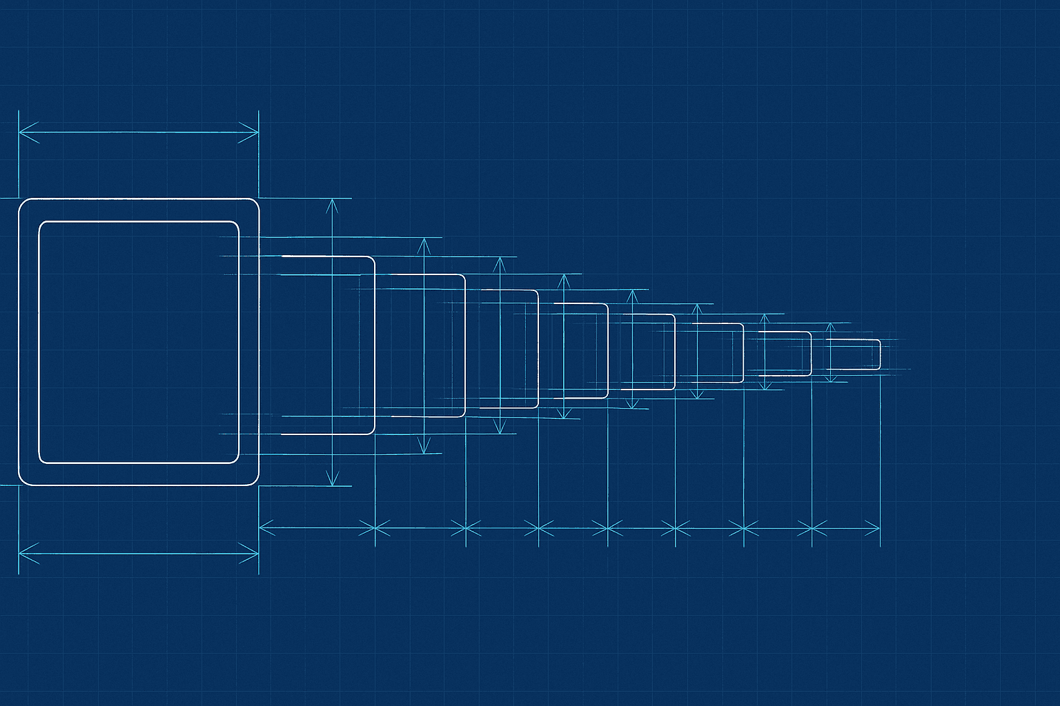 Blueprint schematic in deep blue and cyan: a horizontal row of nine rectangular nodes connected by fine dimension lines, the leftmost node drawn with heavier linework and larger outer dimensions than the eight that follow it