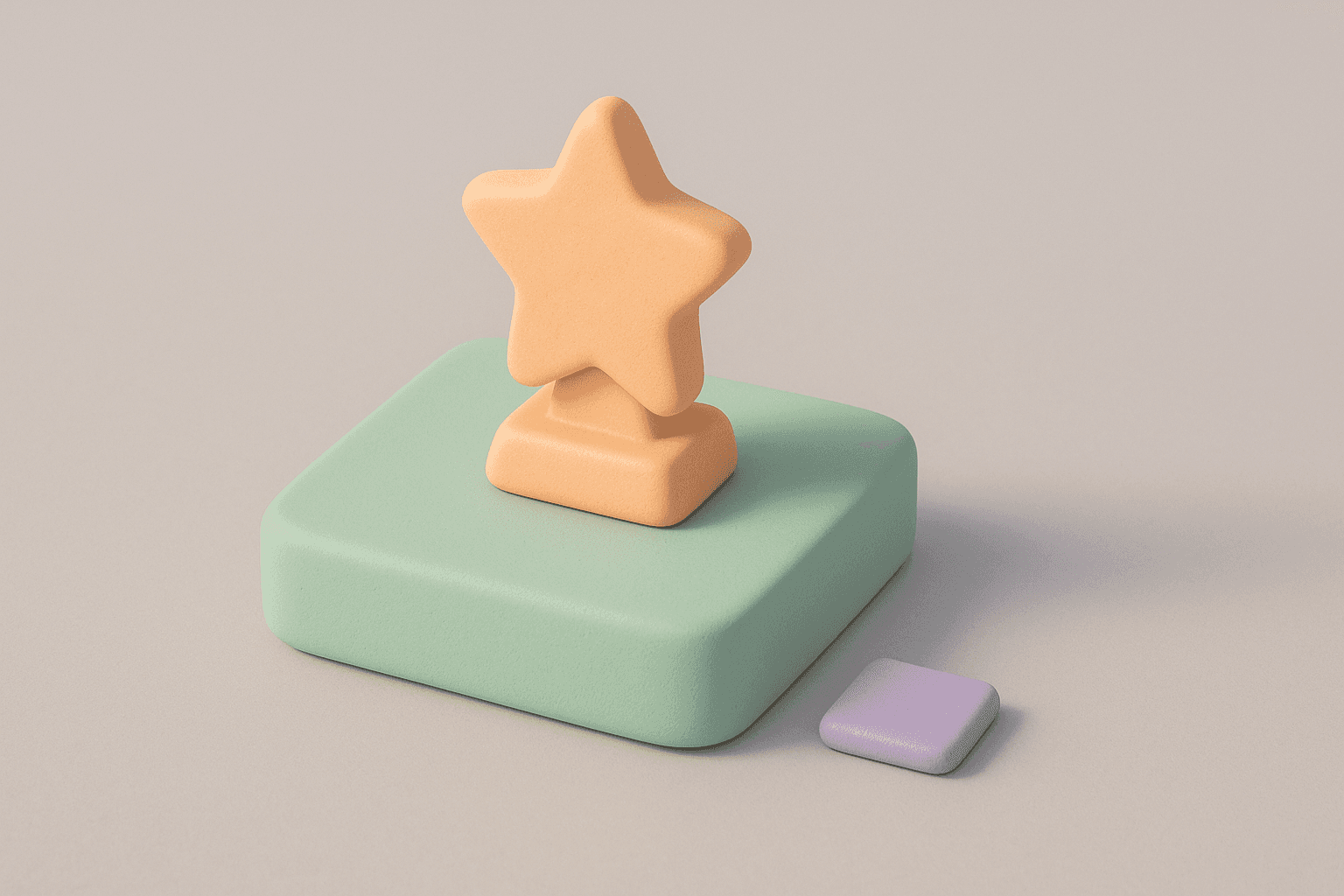 Isometric clay diorama of a mint-green platform topped with a small peach star-shaped award plaque, a single lavender clay tile lying detached and flat on the pale grey floor beside it