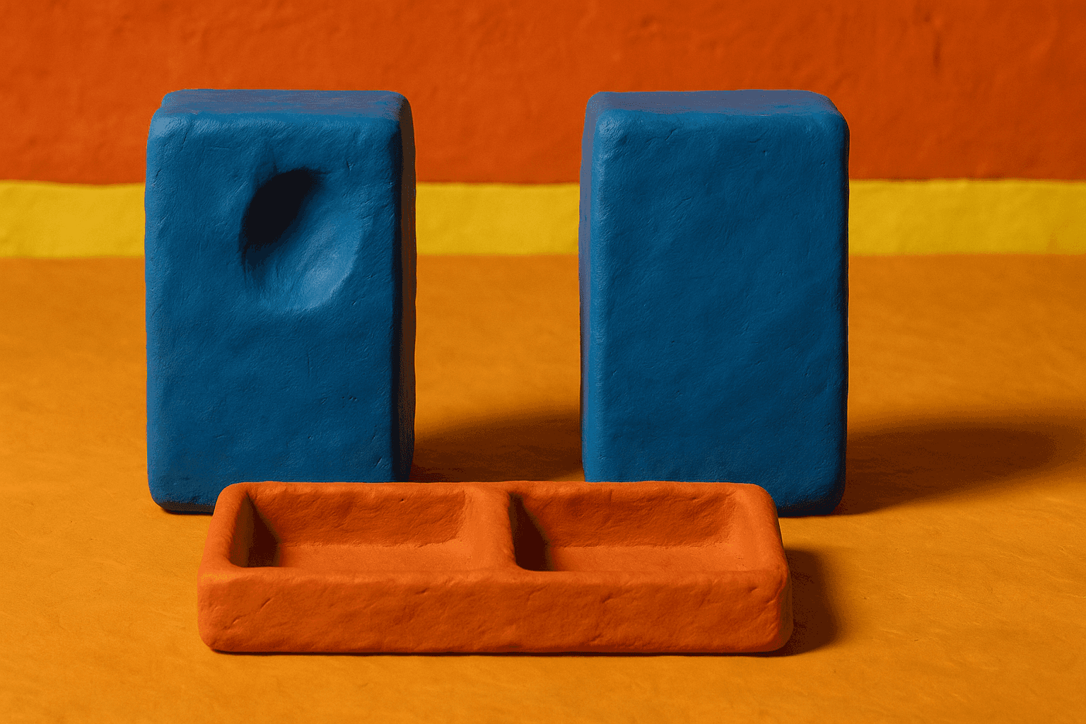Two identical cobalt blue clay blocks side by side on a clay tabletop, one with a small thumbprint pressed near its top face and the other smooth, a low clay divider sitting between them with two shallow empty compartments