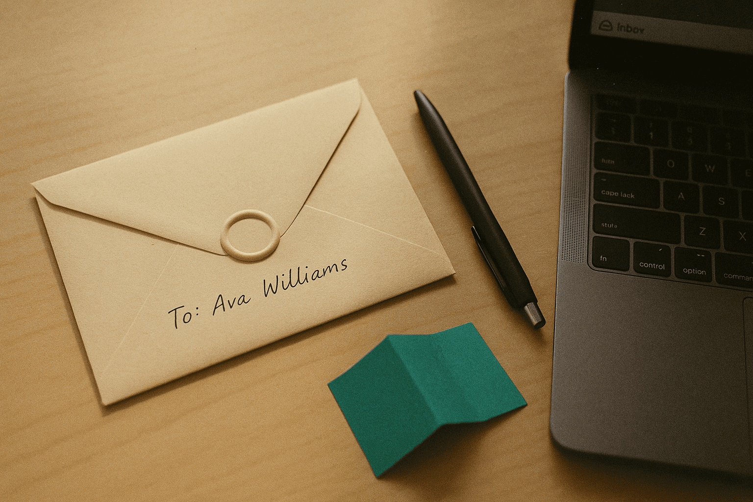 An unsent letter in a cream envelope on a wooden desk with a pen beside it and soft teal accents, morning light.