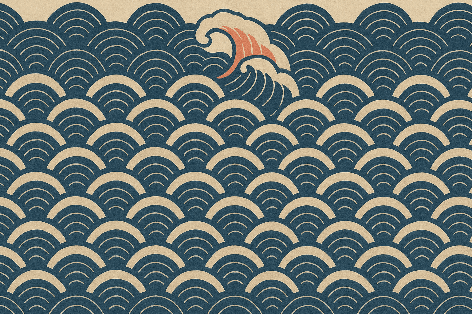 Japanese woodblock print of tight repeating rows of stylised wave crests in indigo linework on off-white, one wave near the upper centre cresting at a slightly different angle with a coral curl where all others are sand