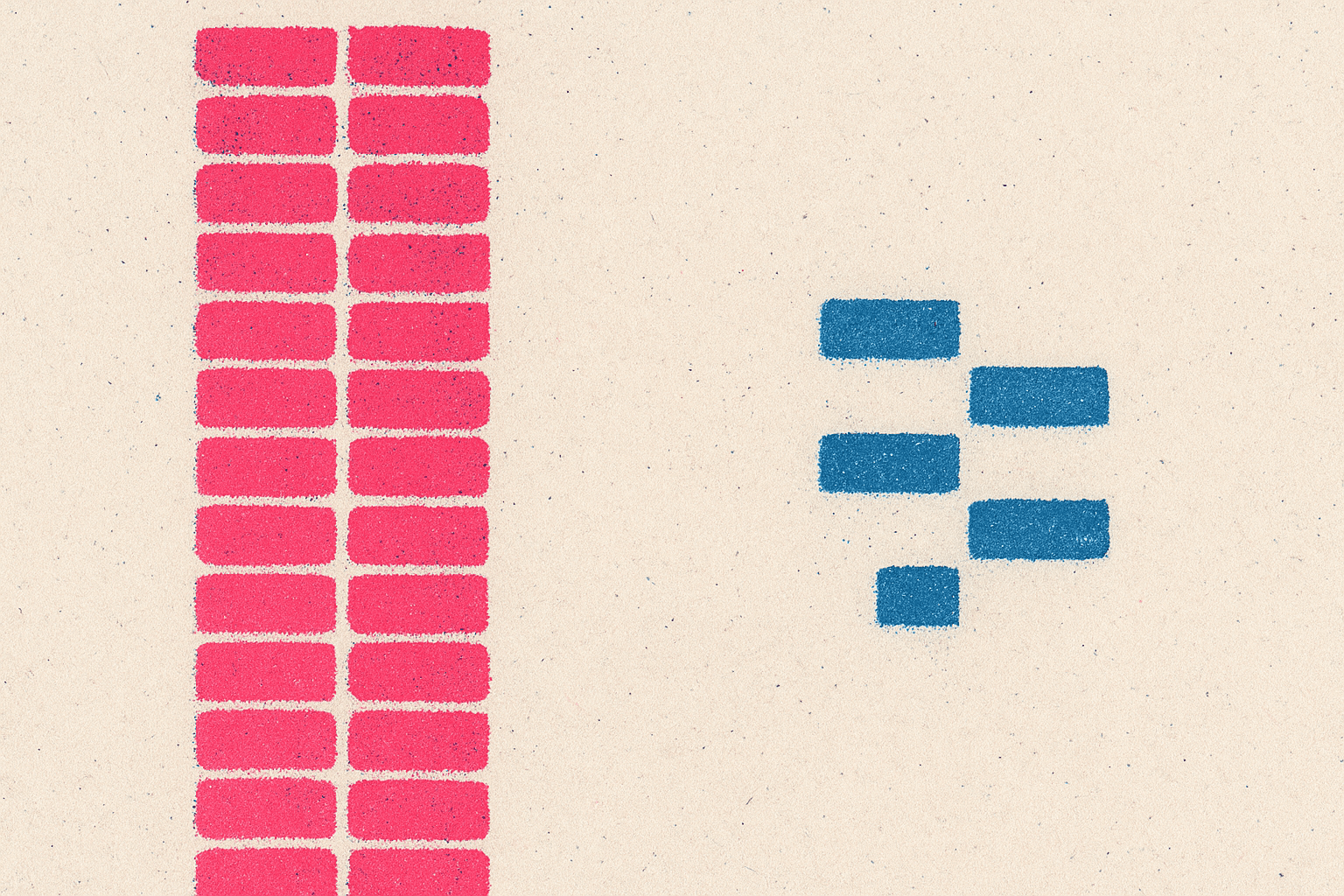 Risograph two-column print: a tall column of thirty-four compact pink stamp marks stacked on the left, a shorter scattered cluster of seven blue marks on the right, the two groups separated by a strip of bare off-white stock, halftone grain and slight misregistration visible throughout