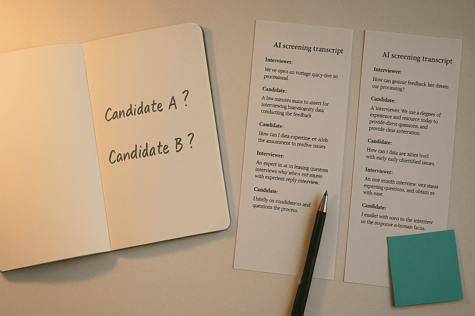Open notebook with two candidate names handwritten side by side, each with a question mark beside them, next to two printed AI screening transcripts on cream paper, warm evening light