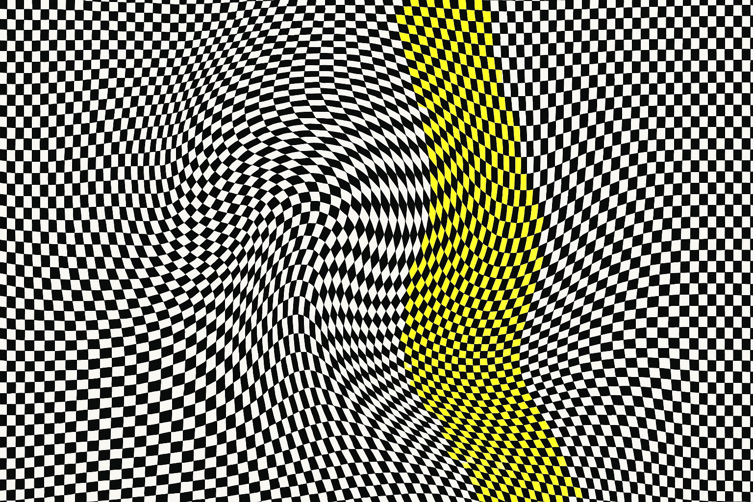 Black and white repeating tile grid with moire waves, one vertical band breaking into vivid electric yellow