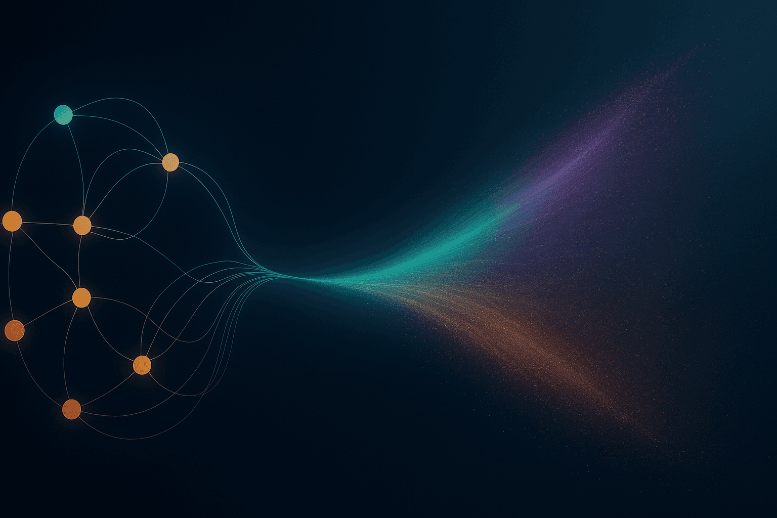 Abstract data visualisation with two diverging particle flow streams on deep navy, one looping back into itself in a dense closed circuit, the other flowing forward into an open luminous teal and amber expanding field